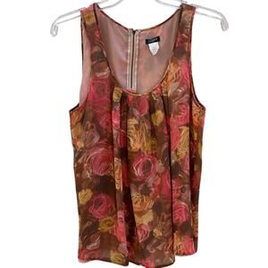 J Crew pure silk tank top sheer lined pink brown Cottagecore floral size S